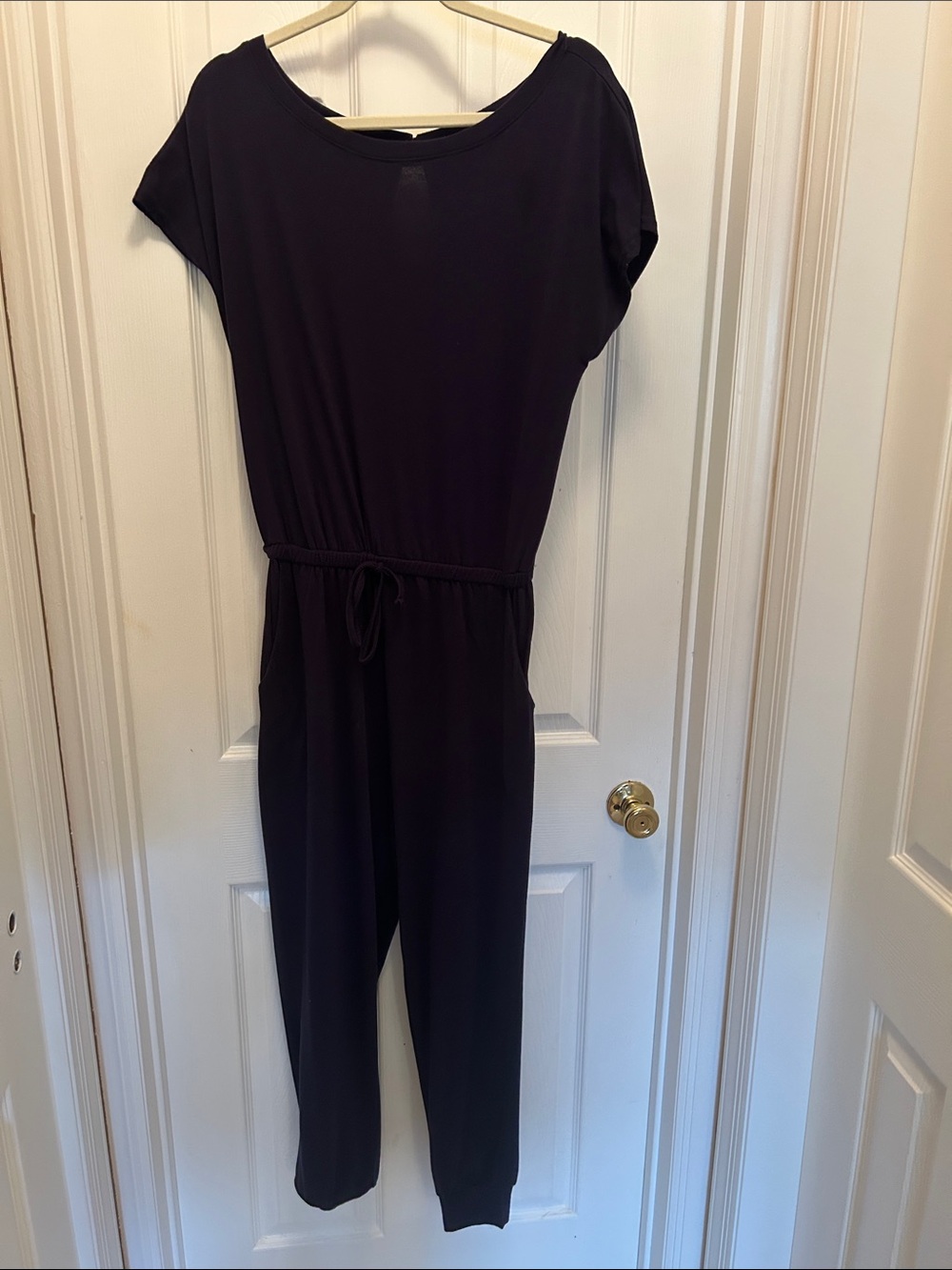 Women's Navy Short-Sleeve Jumpsuit with Drawstring Waist